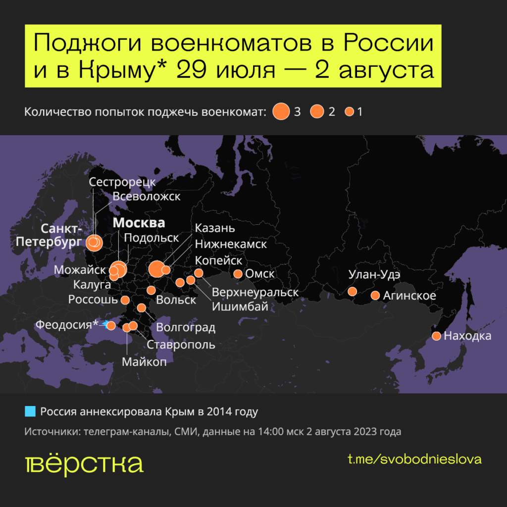 31 поджог военкоматов в&nbsp;России и&nbsp;аннексированном Крыму карта 29 июля - 2 августа