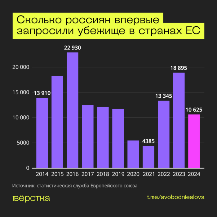 В 2024 году 10 625 граждан России обратились к властям стран Евросоюза с просьбой предоставить им убежище