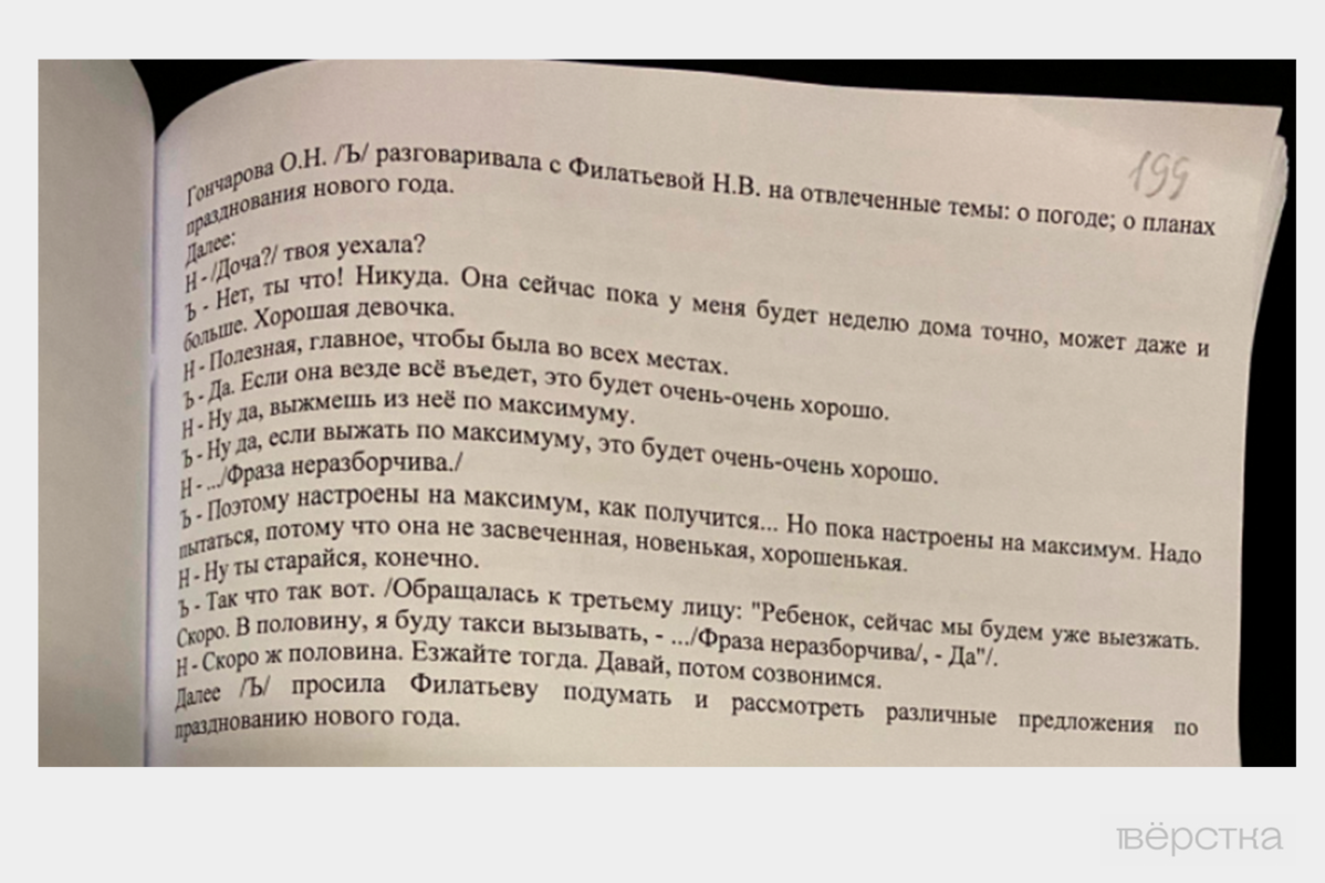 Расшифровка разговора обвиняемой Ольги Гончаровой с подругой, представленная в материалах дела