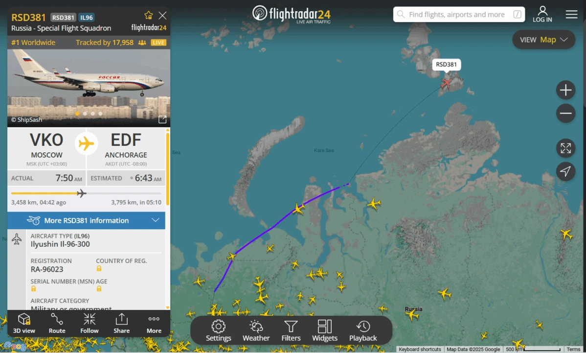 Правительственный борт RA-96023, фигурировавшим в&nbsp;«кокаиновом деле», летит из&nbsp;Москвы в&nbsp;Анкоридж